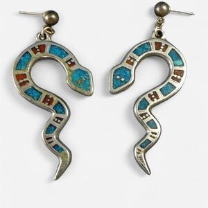 Vintage Silver Crushed Turquoise Snake Earrings